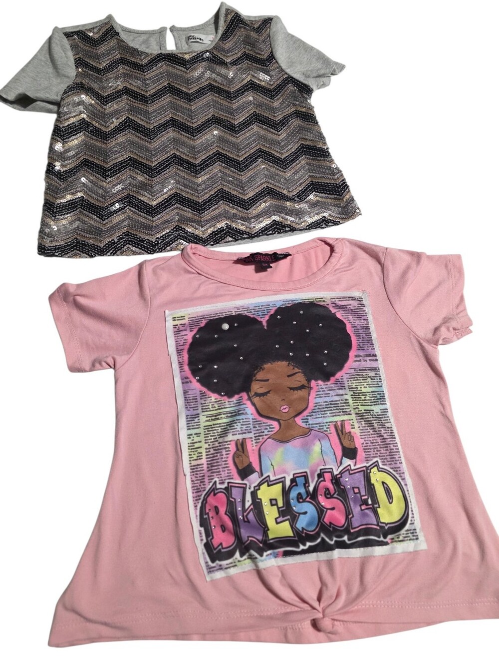 Girls"s Sequin Chevron Blouse & Pink 'Blessed' Graphic Tee - Bundle